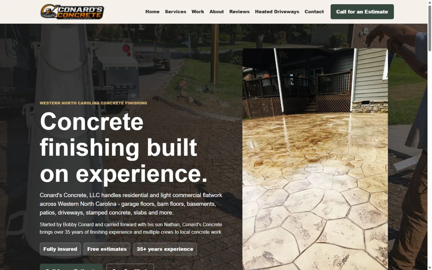 Conard's Concrete website homepage
