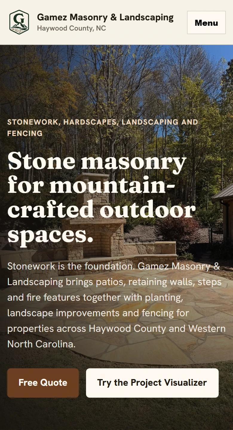 Gamez Masonry & Landscaping at a 390-pixel mobile viewport, with a Menu button, reflowed headline and quote and visualizer buttons.