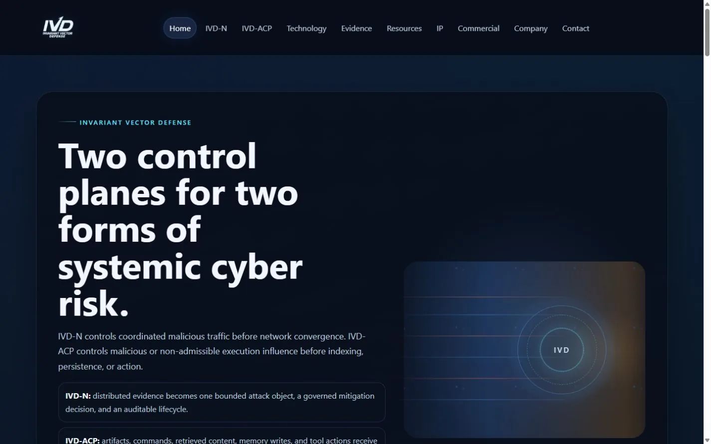 Invariant Vector Defense cybersecurity website homepage