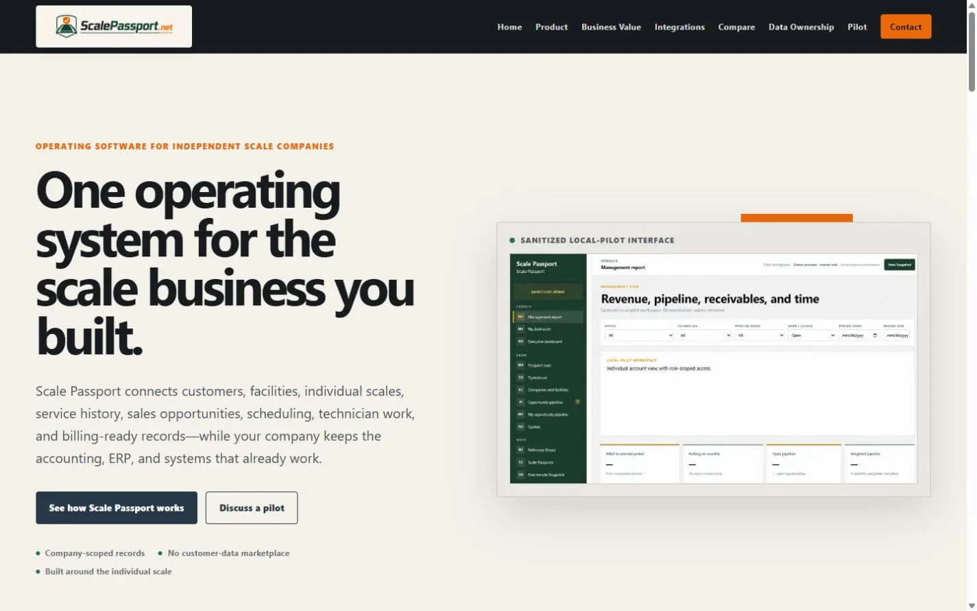 Scale Passport operating software website homepage